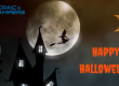 Halloween, spooky house, witch flying across the moon, bat, spiderweb, broomstick, witches hat